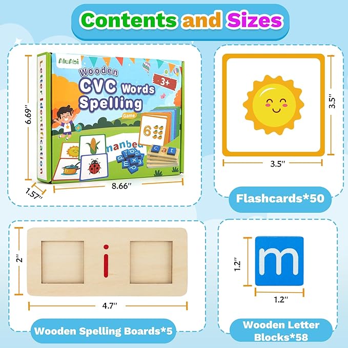 Wooden CVC Word Spelling Games, Sight Words Flash Cards Reading Letters for Beginner Preschool Learning Activities Montessori Educational Toy Gift for 3 4 5 6 Year Old Kids