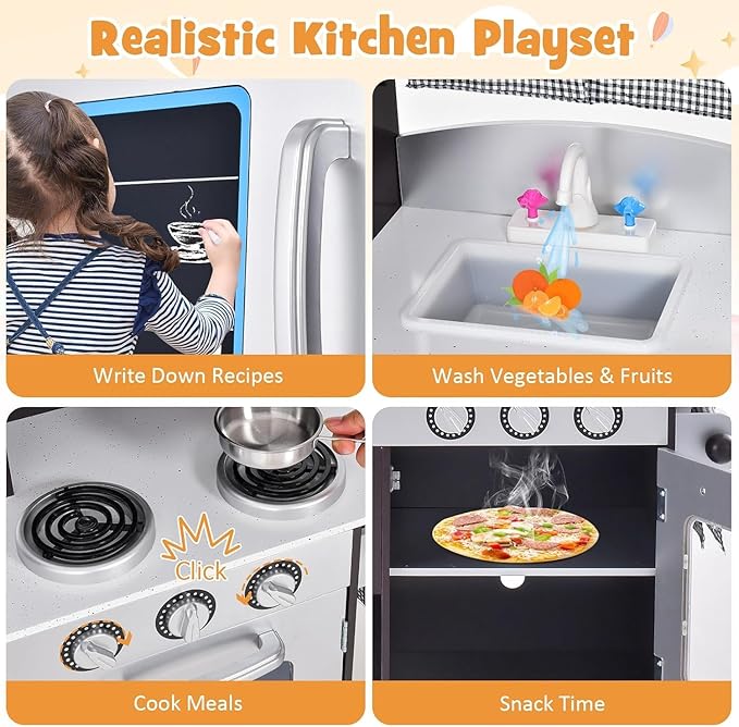 HOMGX Multi-Function Children's Kitchen Toy Set, Wooden Chef Pretend Toy Set w/Microwave, Stove, Sink, Faucet, Storage Cabinet & Shelf,Children's Play Kitchen for Boys & Girls Over 3 Years Old