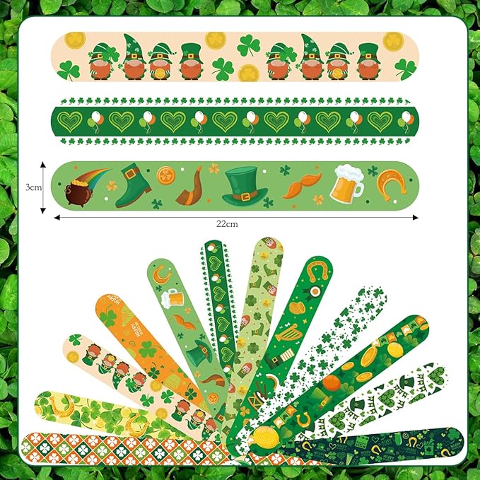 24Pcs St. Patrick's Day Slap Bracelets Green Shamrock Hat Beer Slap Bands Irish Clover Wristbands Snap Bracelets for Boys Girls Women Birthday Saint Patrick's Party Supplies
