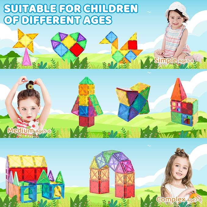 Crenova Magnetic Tiles Kids Toys, Magnetic Blocks Building Sets, Construction STEM Sensory Toy for Toddler Ages 4-8, Preschool Learning Educational Game for Boys Girls, Birthday Gift