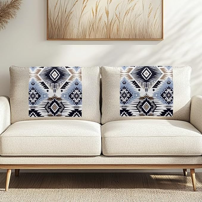 Blue Aztec Headrest Covers for Recliners Easy to Install Headrest Slipcovers Covers Pet Scratch Resistant Couch Headrest Covers for Sofa 2 Pack