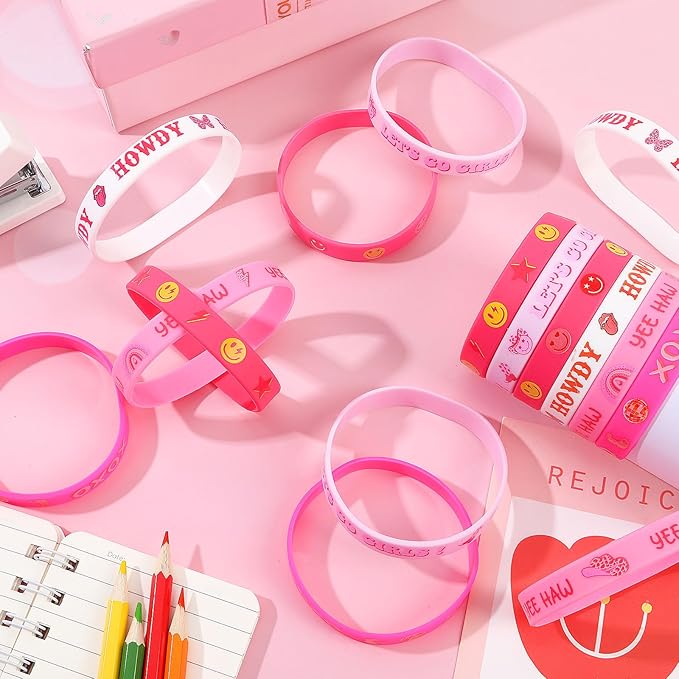 JUNEBRUSHS 42pcs Preppy Party Favors Bulk Pink Preppy Birthday Rubber Bracelets Silicone Wristband for Girls Students Birthday Party Favor Gift Supplies(6 Style)