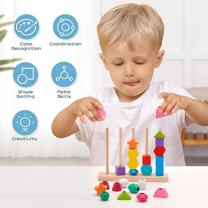 Montessori Toys Bead Sequencing, Wooden Lacing Beads & Matching Shapes Colors Stacking Toy for 2 3 4 5 Year Old, Toddlers Preschool Learning Fine Motor Skills Toys