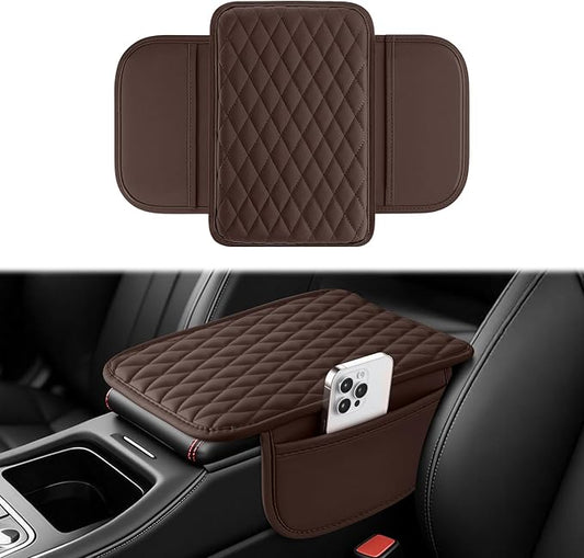 Amiss Car Center Console Cover, Upgraded Leather Car Armrest Cushion with 2 Storage Pockets, Universal Waterproof Cushion Pad, Non-Slip Car Interior Accessories, Fits Most Sedans SUVs Trucks (Brown)
