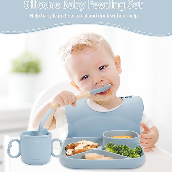 Silicone Baby Feeding Set, Baby Led Weaning Supplies, Silicone Suction Plate, Bowl, Spoons, Fork, Waterproof Bib, Cup and Food Tableware, Eating Utensils Baby Feeding Essentials for 3+ Months