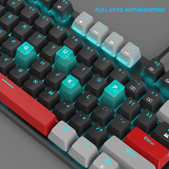 MageGee Mechanical Gaming Keyboard, 104 Keys Blue Backlit Keyboards with Red Switches Double-Shot Keycaps, USB Wired Mechanical Computer Keyboard for Laptop, Desktop, PC Gamers(Gray & Black)