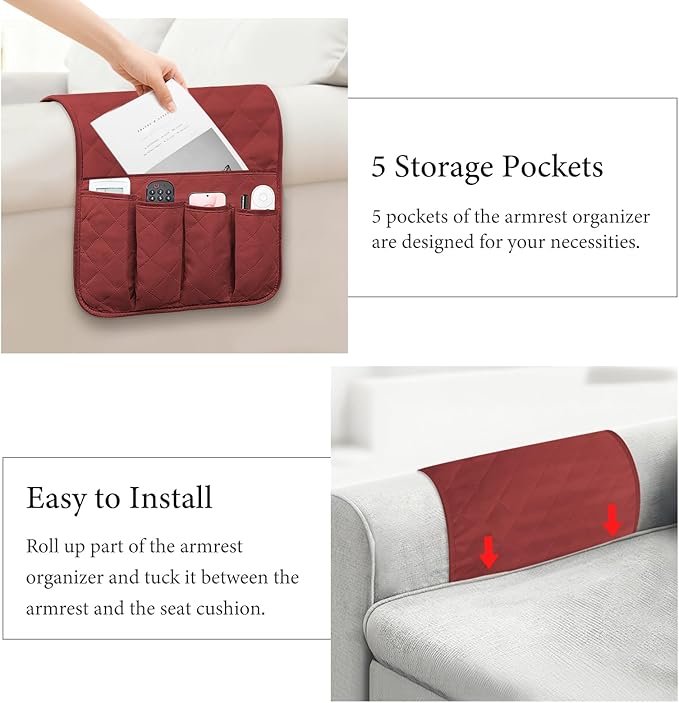Armchair Caddy Couch Caddy Organizer Remote Control Holder Non-Slip Sofa Armrest Organize with 5 Pockets for Cell Phone TV Remote Control Magazines (RED)