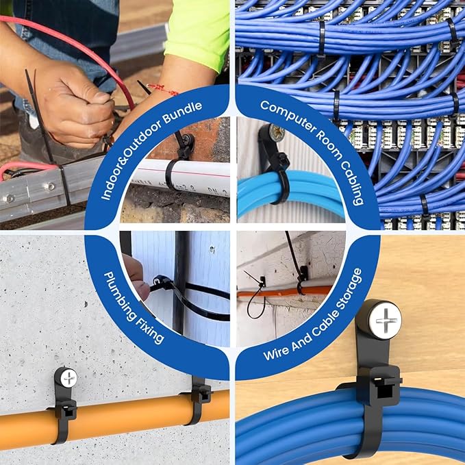 8 inch Black Zip Ties With Screw Hole,Heavy Duty Cable Ties for Cords 75 lbs Mountable head Zip Tie Screw Mount,Zip Wall Wire Ties for Indoor and Outdoor Use (200, 8 IN)