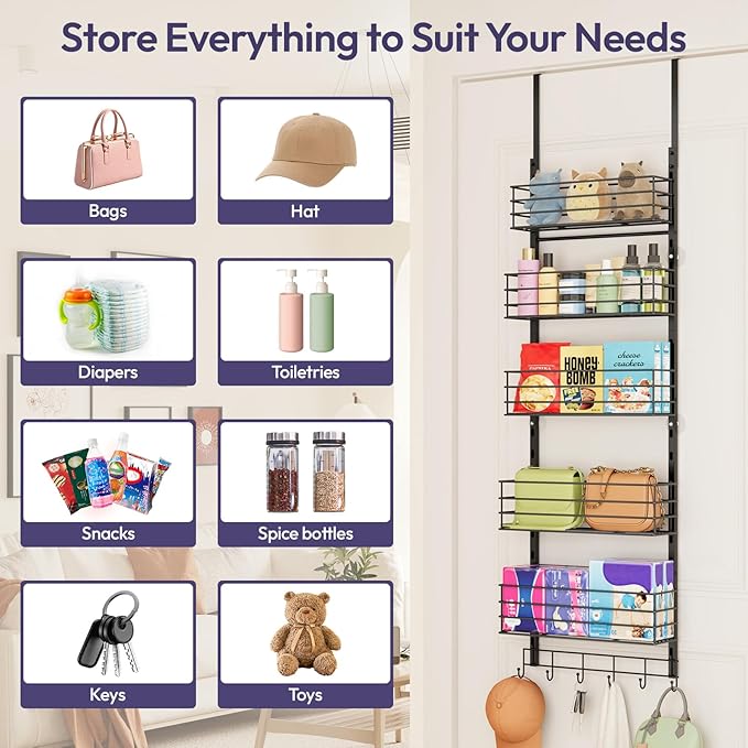 SWTYMIKI Over The Door Organizer - Door Organizer Hanging with 5 Adjustable Metal Large Capacity Basket and 6 Coat Hook, Wall Mounted Shelf for Bedroom Closet Bathroom Laundry Pantry Cabinet Kitchen