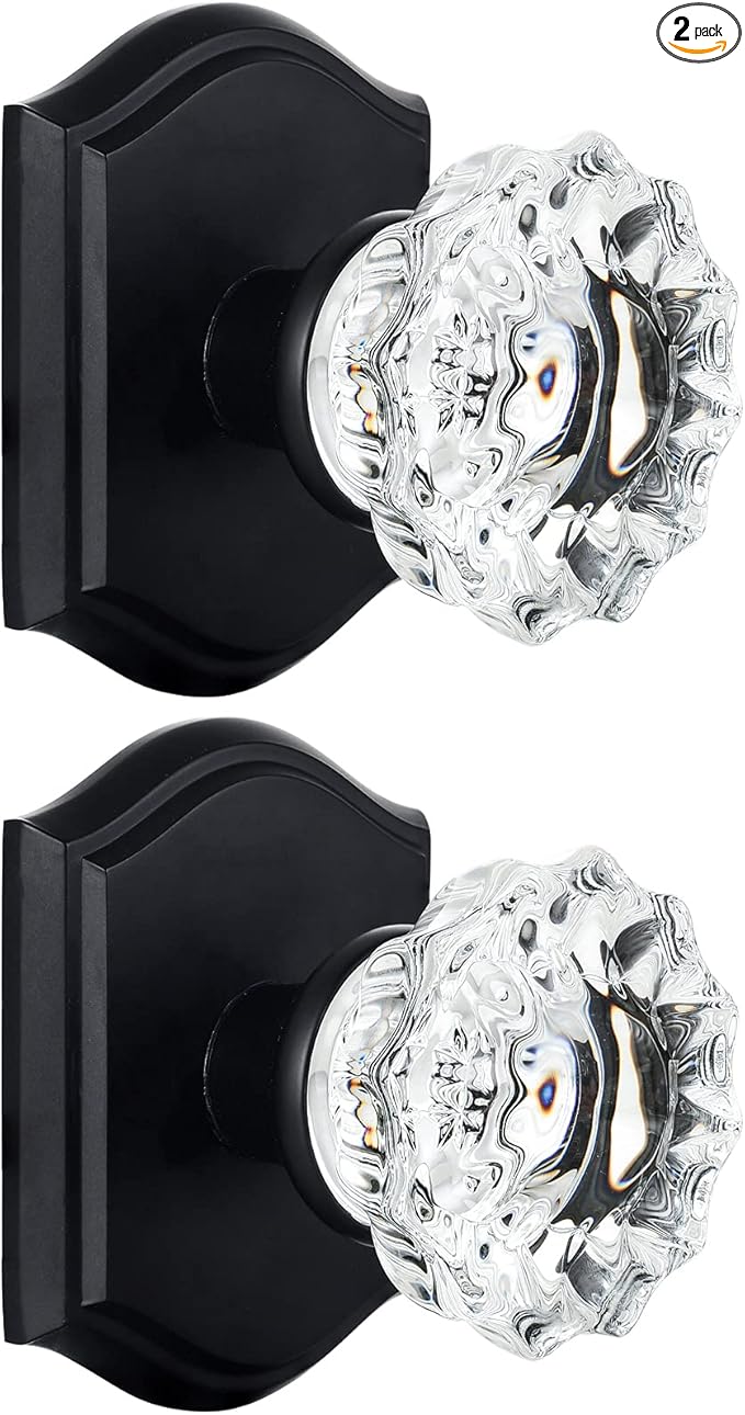 CLCTK 2 Pack Glass Dummy Door Knobs, Antique Inactive Crystal Half-Dummy Door Knobs for Hall and Closet, Matte Black