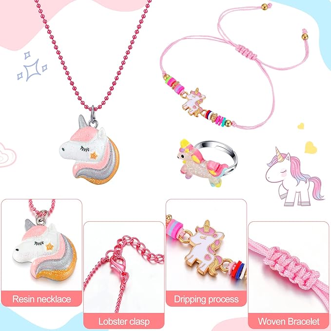 24 Pcs Little Girl Jewelry Set Kids Unicorn Necklace Cute Woven Bracelet Ring for Girls Pretend Dress up Party Favor (Cute Style)