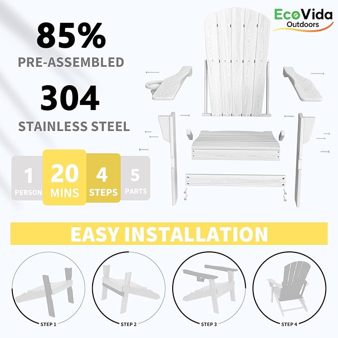 3-Piece Folding Adirondack Chair Set - 38" Extra Tall Back & Embossed Wood Grain, Oversized HDPE Patio Furniture with Side Table & Cup Holders, 380lb Heavy Duty, White