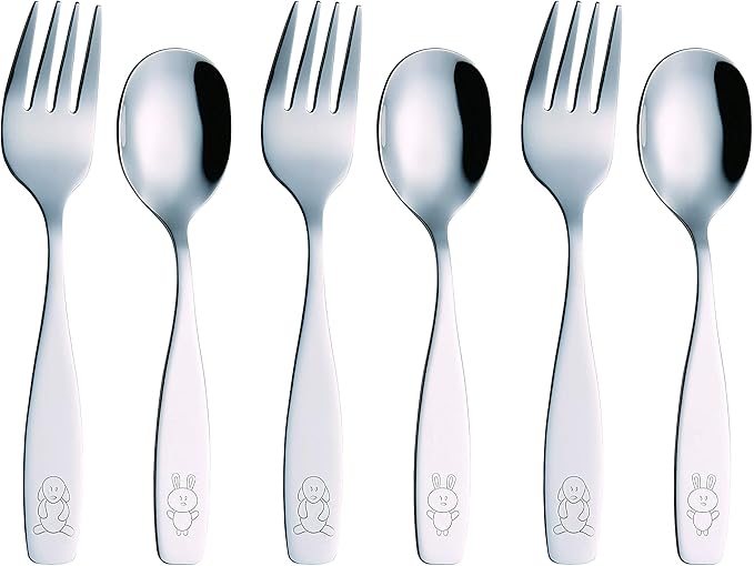 Exzact Children Flatware 6pcs - 3 x Forks, 3 x Spoons - Toddler Utensil Kids Silverware Cutlery Stainless Steel - Dishwasher Safe