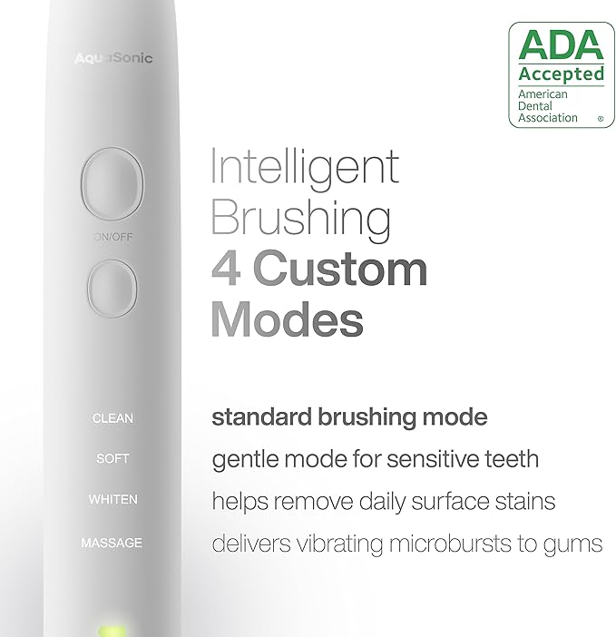 Aquasonic Vibe Series Ultra-Whitening Toothbrush – ADA Accepted Electric Toothbrush - 8 Brush Heads & Travel Case – 40,000 VPM Motor & Wireless Charging - 4 Modes w Smart Timer – Optic White