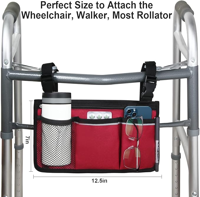 Wheelchair Side Bag, Wheelchair Armrest Storage Pouch with Cup Holder Use of Waterproof Fabric, for Most Wheelchairs, Walkers or Rollators (Red)