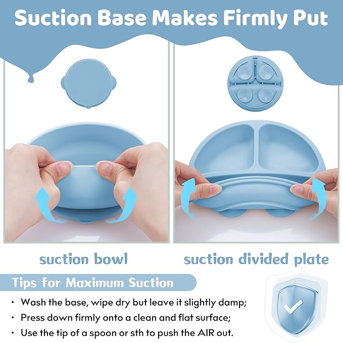 Silicone Baby Feeding Set, Baby Led Weaning Supplies, Eating Essentials Utensils with Suction Plate and Bowl, Pocket Bib, Sippy Cup with Lid, Forks Spoons Snack Container, for 6+ Months, Blue