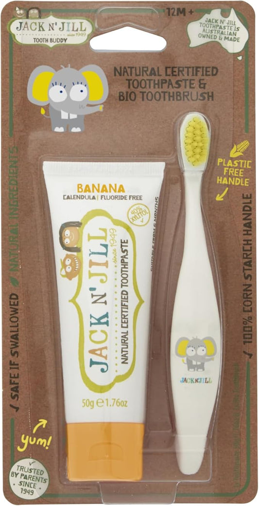 Jack N' Jill Tooth Buddy Combo Pack: Natural Certified Banana Toothpaste & Kids Toothbrush - Plastic Free Handle, Organic Fruit Flavor, Safe if Swallowed, Makes Tooth Brushing Fun for Kids