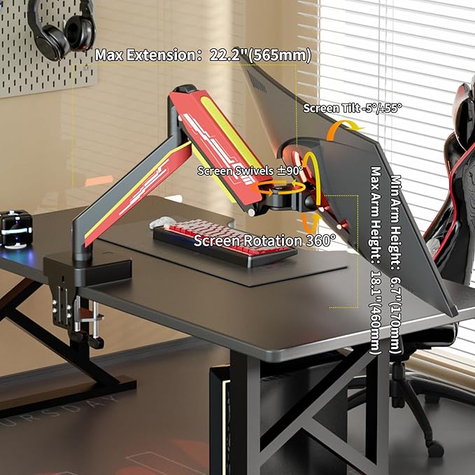 Heavy Duty Monitor Arm for Ultrawide Screen up to 49 inches,44 lbs,Gas Spring Desk Mount Stand, Premium Fully Adjustable Bracket with C Clamp, Grommet Base, VESA 75x75/100x100mm (Black)