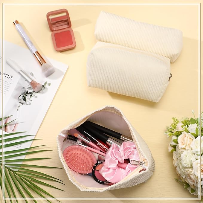 Huhumy 3 Pcs Makeup Bag Set for Women Corduroy Cosmetic Pouch Aesthetic Smile Travel Toiletry Bag Cute Purse Pouch Pencil Case Makeup Brushes Storage Organizer for Valentine(White,Solid Style)