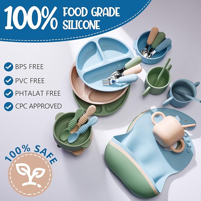 24 Pack Silicone Baby Feeding Set Baby LED Weaning Supplies Includes Suction Divided Plates Soft Bowl Spoons Forks Adjustable Bib Snack Cup and Straws(Gray Blue, Army Green, Beige)