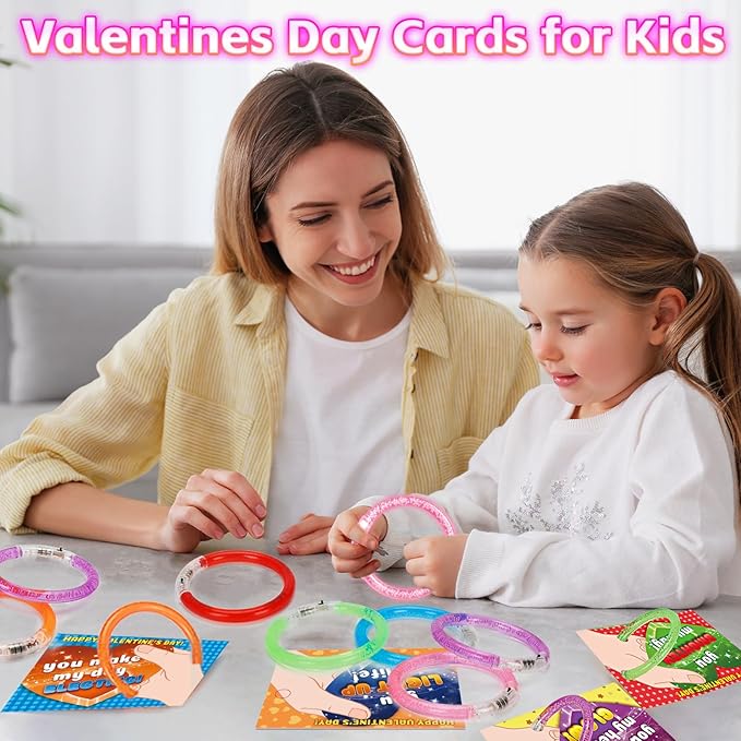 28 Pack Valentines Cards for Kids School, Glow Bracelets with Valentines Cards, Valentines Gifts for Kids Classroom, Glow in The Dark LED Bracelet Toys Party Favors, Kids Valentines Exchange Gifts