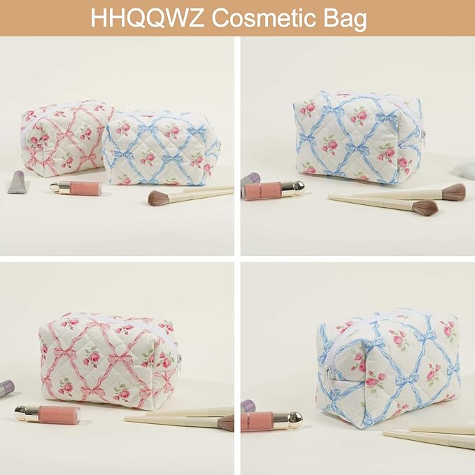 HHQQWZ Makeup Bag Travel Cosmetic Bag for Women Girls, Zipper Make Up Pouch, Floral Flowers Toiletry Organizer Makeup, Portable Storage Bag, Cosmetic Travel Cloth Bag (Pink+Pink Bowknot)