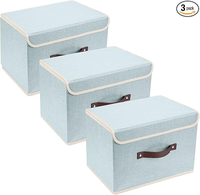 TYEERS Collapsible Storage Boxes, Washable Fabric Storage Bins with Lids, 14.9x9.8x9.8 inches, 3 Pack, Aqua Spring