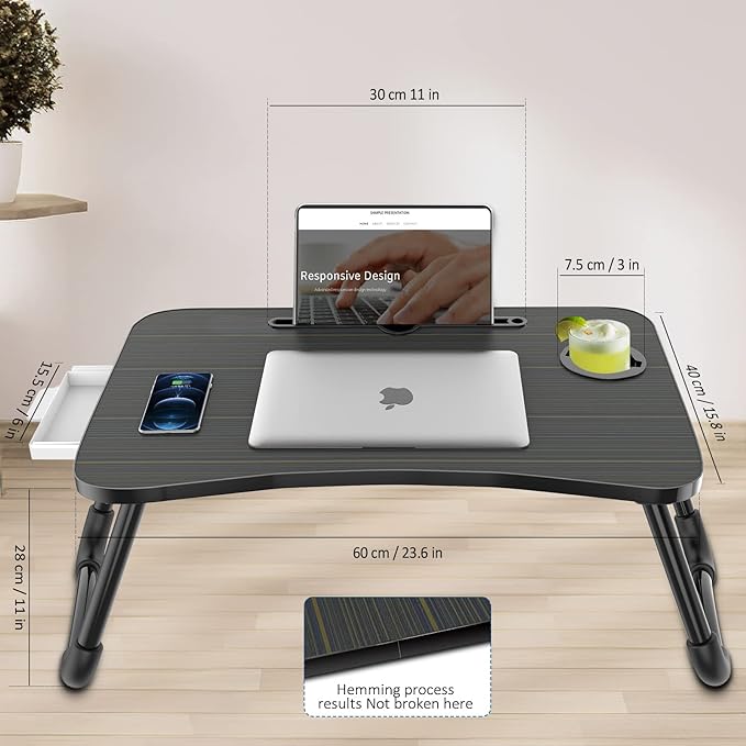 Zapuno Foldable Laptop Bed Table Multi-Function Lap Serving Tray Dining Table with Storage Drawer and Water Bottle Holder, Slot for Eating, Working on Couch/Sofa (Arc Shape)