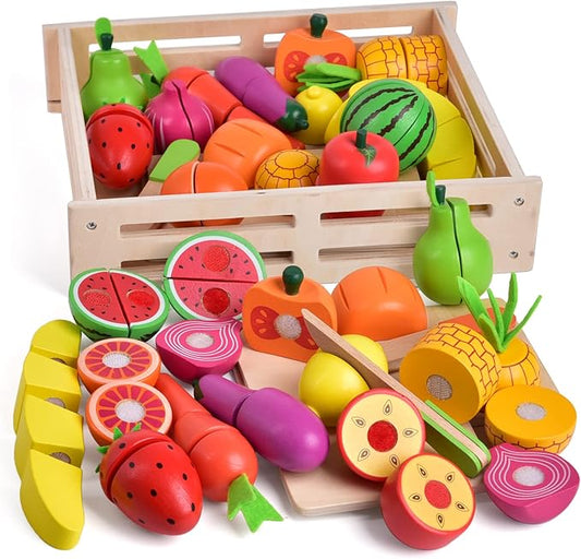 FUN LITTLE TOYS 35PCS Wooden Play Food for Kids Kitchen, Pretend Cutting Food Toys with Wooden Tray, Dishes and Knife for Kids, Pretend Play Food for Christmas Birthday Gifts
