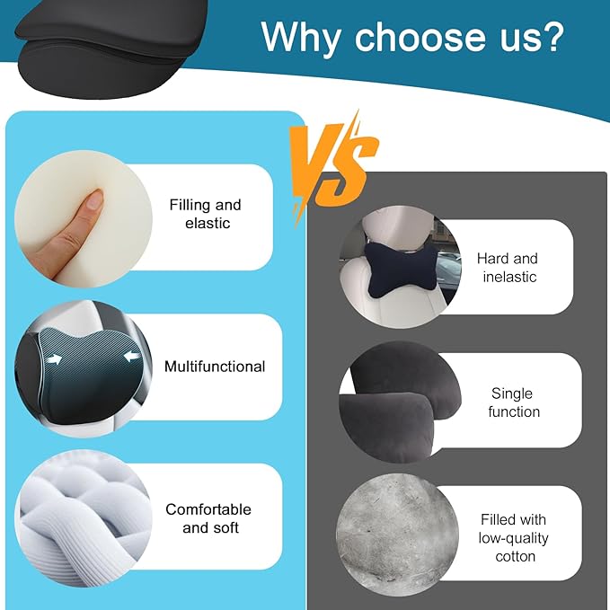 2Pcs 2025 Double-Layer Car Pillow, Cloud-Like Comfort Car Neck Pillow, Dual C-Curve Support Car Headrest Pillow – Experience First-Class Driving Comfort. (Black)