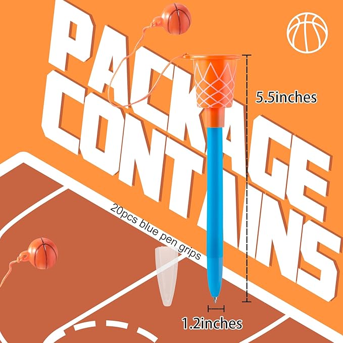 20 Pcs Basketball Hoop Pens Basketball Party Favors with Blue Pencil Holders Basketball Novelty Pens for Kids Foam Pen Cushion Sports Party Favors for Sports Themed Birthday Party Supplies, 0.7 mm
