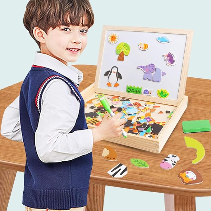 Skrtuan Educational Wooden Toys for Kids Toddlers Magnetic Puzzles Wooden Art Easel Double Side Learning Games Montessori Puzzle STEM Gift for Boys Girls Children