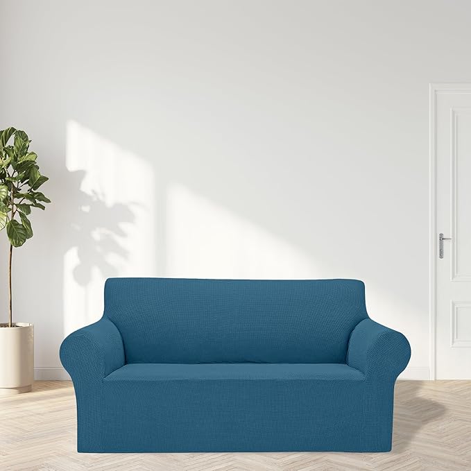 2025 New Stretch Loveseat Sofa Slipcovers Couch Cover for 2 Cushion Furniture Protector Sofa Covers with Elastic Bottom Jacquard Fabric Small Checks for Pets, Kids - Peacock Blue