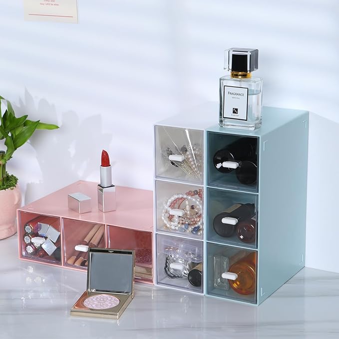 Desktop Drawers, Desk Organizer with 3 Drawers, Stackable Plastic Storage Box for Home Collection, Cosmetics, Jewelry, Office Supplies (1 Tall Layer, Blue)