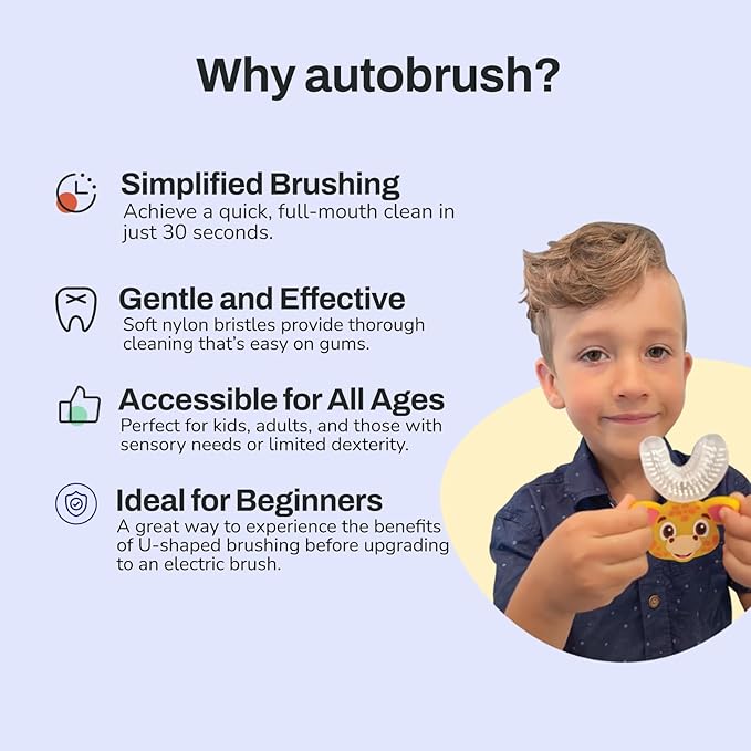 autobrush U Shaped Kids Manual Toothbrush- 360° Design for Upto 5.1X Better Cleaning with Unique Nylon Bristles, Comfort Grip Handle, Waterproof Design, Ages 6-8, Giraffe (Double-Sided)