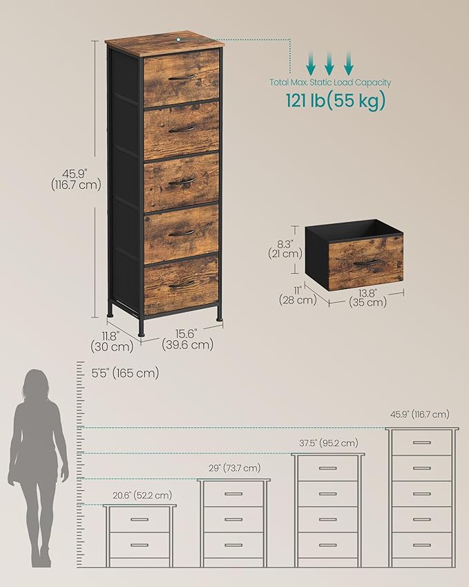SONGMICS Dresser for Bedroom, Chest of Drawers, Steel, MDF, 5 Non-Woven Fabric Drawers, Storage Organizer Unit, Closet, Entryway, Rustic Brown and Ink Black ULGS315B02S