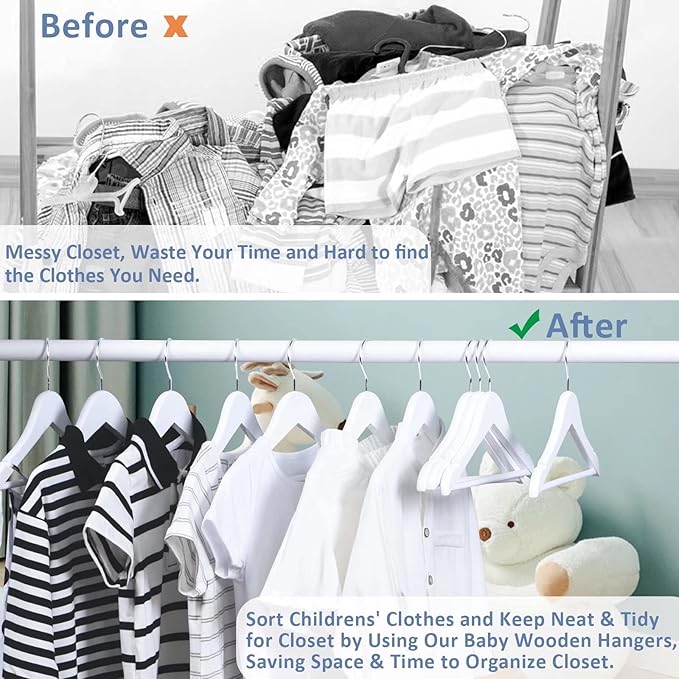 FairyHaus Kids Hangers 20 Pack 12.8 Inch, Solid Wooden Baby Hangers for Closet, Anti-Rust 360° Swivel Hook, Notches & Smooth Finish, Durable and Strong Childrens Hangers for Clothes White