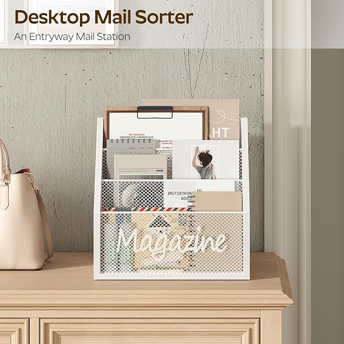 YATINEY Magazine Holder, Wood Magazine Rack Floor, Mail Organizer Countertop, Magazine Mail Holder Sorter, Record Holder for Magazines, Books, Newspapers, Tablets, White MR02WW