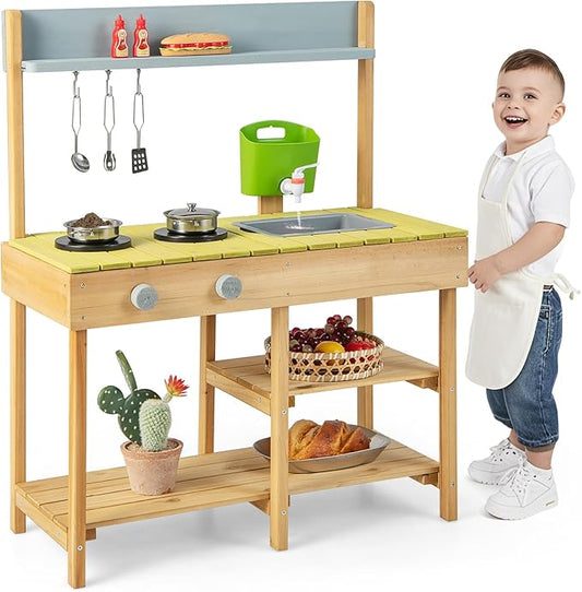 HONEY JOY Mud Kitchen, Fir Wooden Play Kitchen for Toddlers, Mud Table, Running Water, Removable Sink, Outdoor Kids Kitchen Playset, Mud Kitchen for Kids Outdoor, Gift for Boys Girls