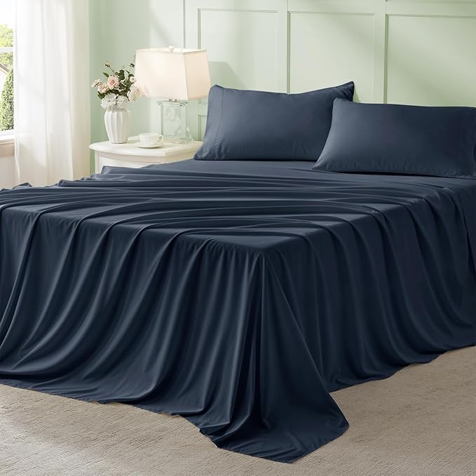 Anluoer Navy Blue Queen Comforter Set 7 Pieces, Bed in a Bag with Sheets, All Season Bedding Sets with 1 Comforter, 2 Pillow Shams, 2 Pillowcases, 1 Flat Sheet, 1 Fitted Sheet