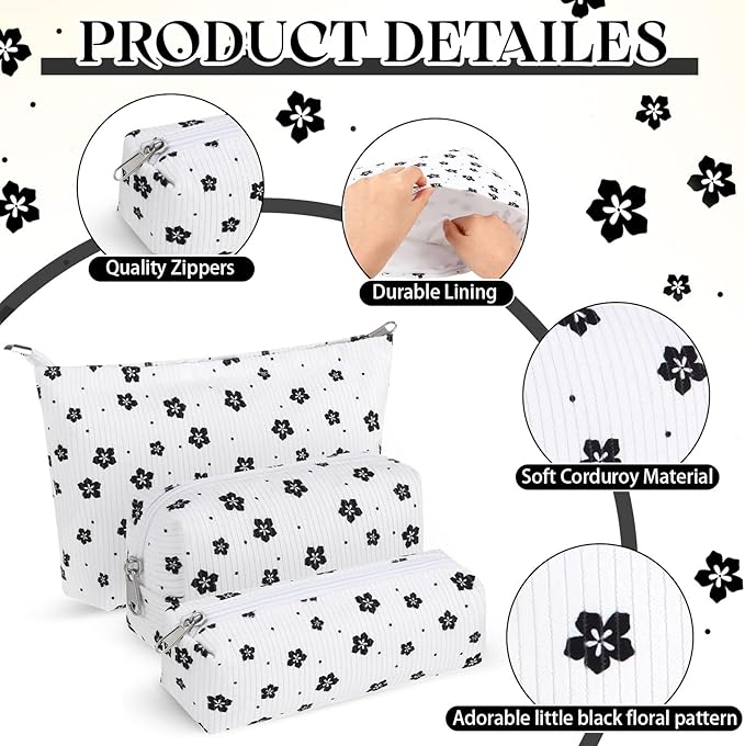 Huhumy 3 Pcs Makeup Bag Set for Women Corduroy Cosmetic Pouch Aesthetic Smile Travel Toiletry Bag Cute Purse Pouch Pencil Case Makeup Brushes Storage Organizer for Valentine(White,Floret)