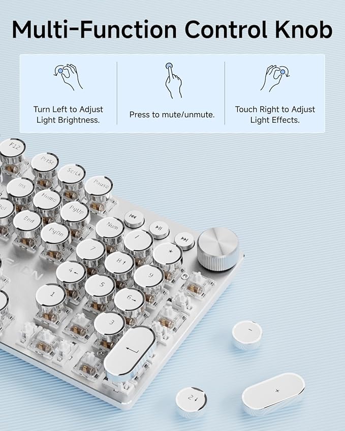 EWEADN Typewriter Style Mechanical Keyboard, Wired Typewriter Keyboards,104 Keys Backlit LED Metal Keyboards, Media Control Knob, Wired Computer Keyboard White Switch for Windows/Mac/PC-White