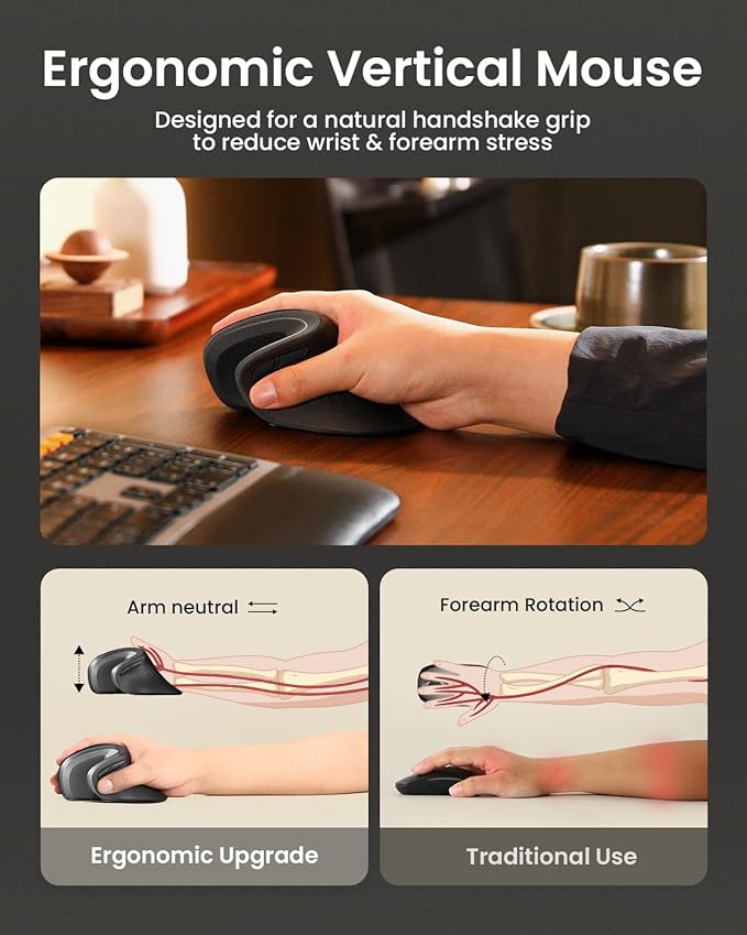 ProtoArc Ergonomic Mouse, EM11 NL Wireless Vertical Mouse, Ergo Mouse with Multi-Device, USB-C Rechargeable Mice for Windows, Mac OS, PC/Notebook/Laptop,Gray