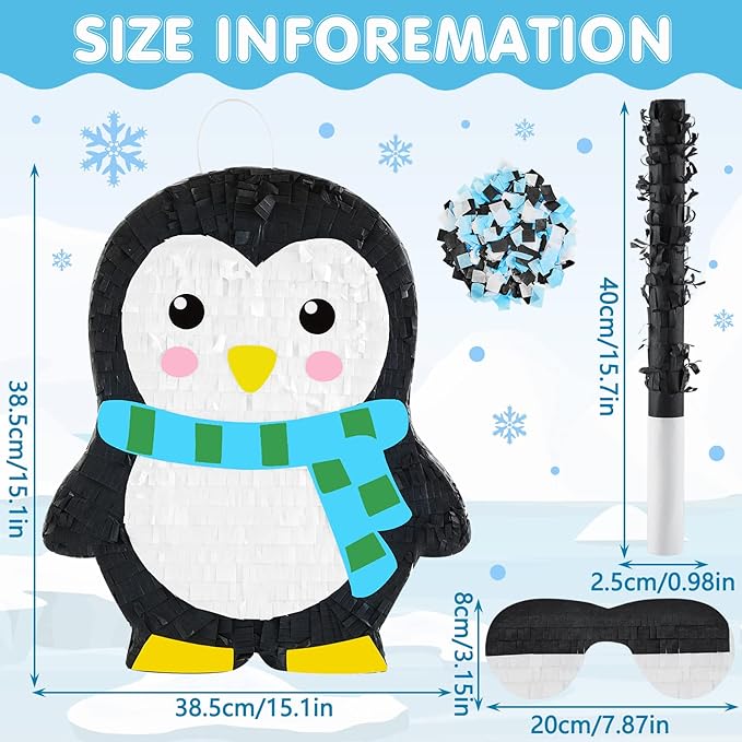 Lewtemi 15.1 Inch Penguin Piñata Winter Penguin Party Supplies Candy Animal Piñata with Stick Confetti and Blindfold Gift for Boy Girl Adult Winter Theme Birthday Party Supplies Decorations(Classic)