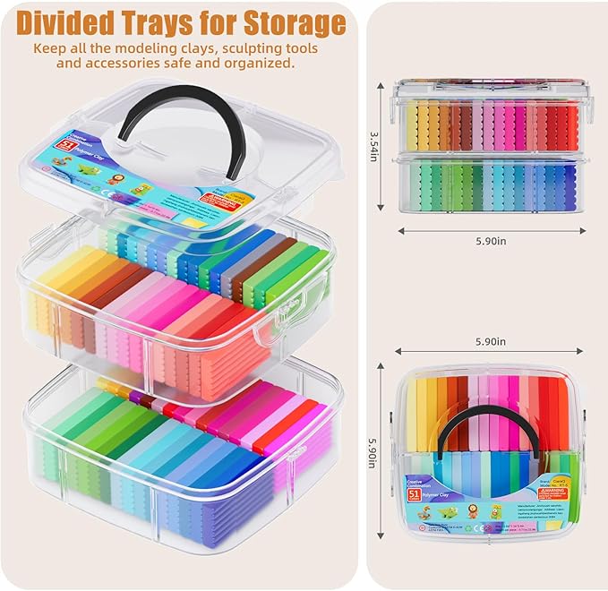 CiaraQ Polymer Clay 51 Colors, Modeling Clay for Kids, Oven Bake Clay with Sculpting Tools, Non Toxic, Ideal for Sculpture, Crafting, DIY Projects. (Assorted Colors, 0.7oz/Colors)