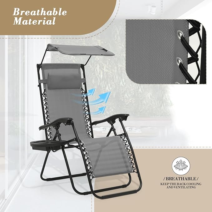 Athena Collection Zero Gravity Outdoor Lounge Chair Set of 2 with Canopy Shade, 25" Width Pool Lounge Lawn Chairs Reclining with Cup Holder, Outdoor Chaise for Beach Patio Outside, Grey