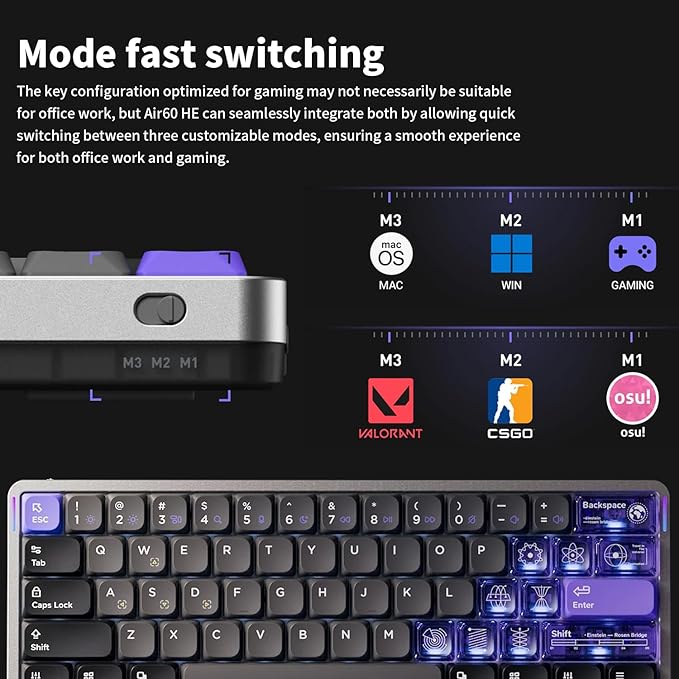 nuphy Air60 HE Wired Magnetic Gaming Keyboard,61 Keys Rapid Trigger,60% Compact,Actuation Point Adjustable, 8K Hz Polling Rate,Hall Effect Keyboard Low-Profile Magnetic Jade Switch