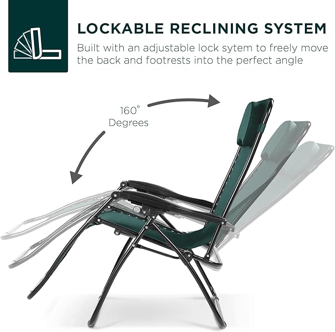 Best Choice Products Oversized Zero Gravity Chair, Folding Outdoor Patio Lounge Recliner w/Cup Holder Accessory Tray, Pillow - Forest Green