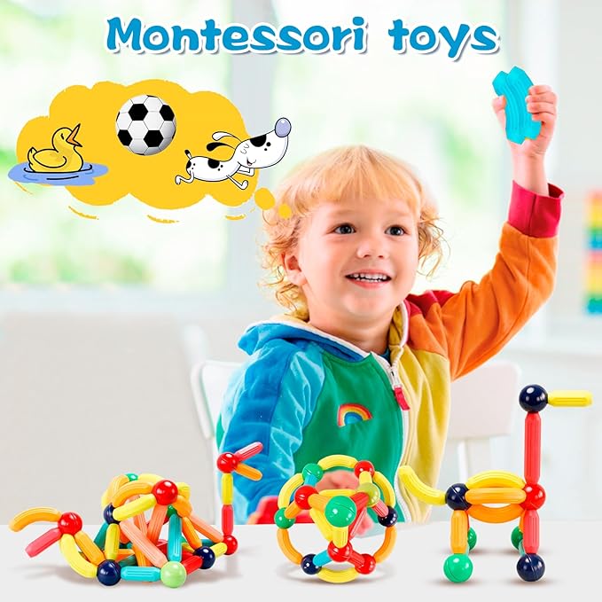 DMOlU 64PCS Magnetic Building Toy for Kids Stem Educational Toys for Toddlers Montessori Learning Magnetic Sticks and Balls,Gift for Christmas Birthday
