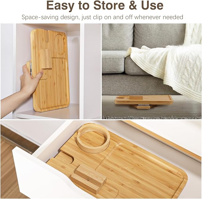 Couch Arm Table, Sofa Arm Tray with 360° Rotating Phone Holder & Cup Holder, Folding Anti-Slip Sofa Arm Table, Bamboo Couch Tray Clip on Side Table for Eating, Snacks, Phone, Remote, Cups